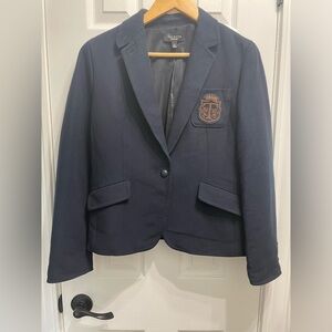 Talbots Navy Blue Blazer Jacket w/ Crest Preppy Equestrian Size 12 Kate Fit